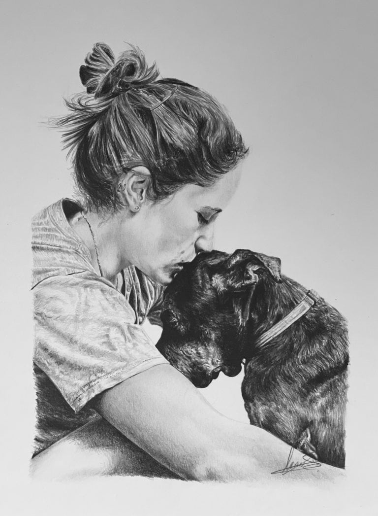 Woman and dog portrait commission – Graphite A5 – IranSCArts Heidelberg